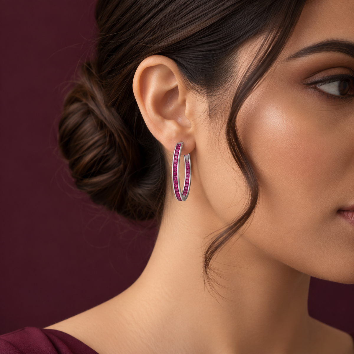 Pink Stone Oval Hoop Earrings