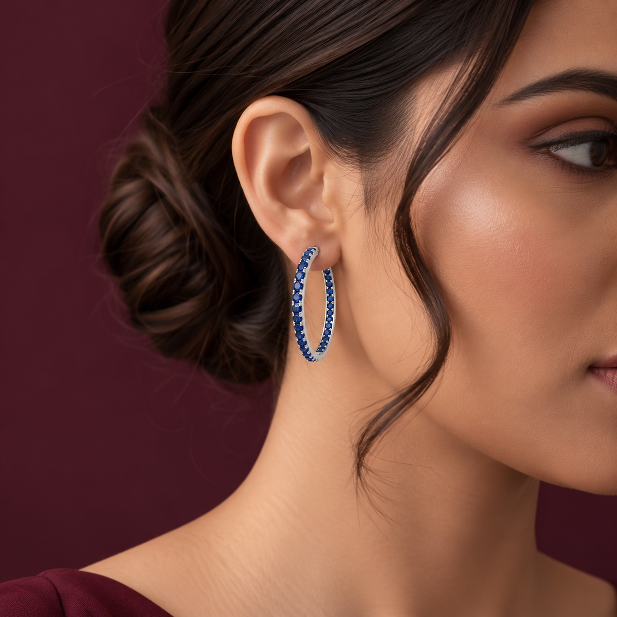 Blue Stone Oval Hoop Earrings