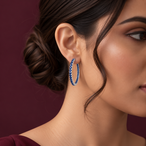Blue Stone Oval Hoop Earrings