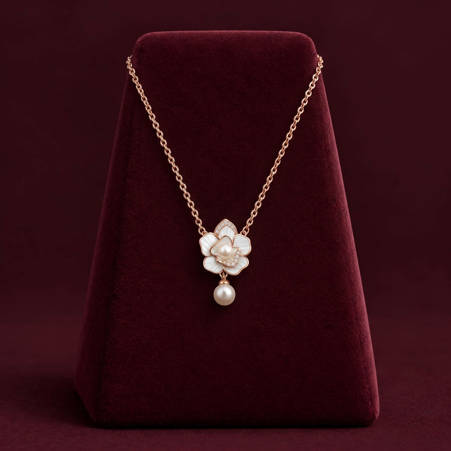 Rose Gold Floral Pearl Pendant Necklace