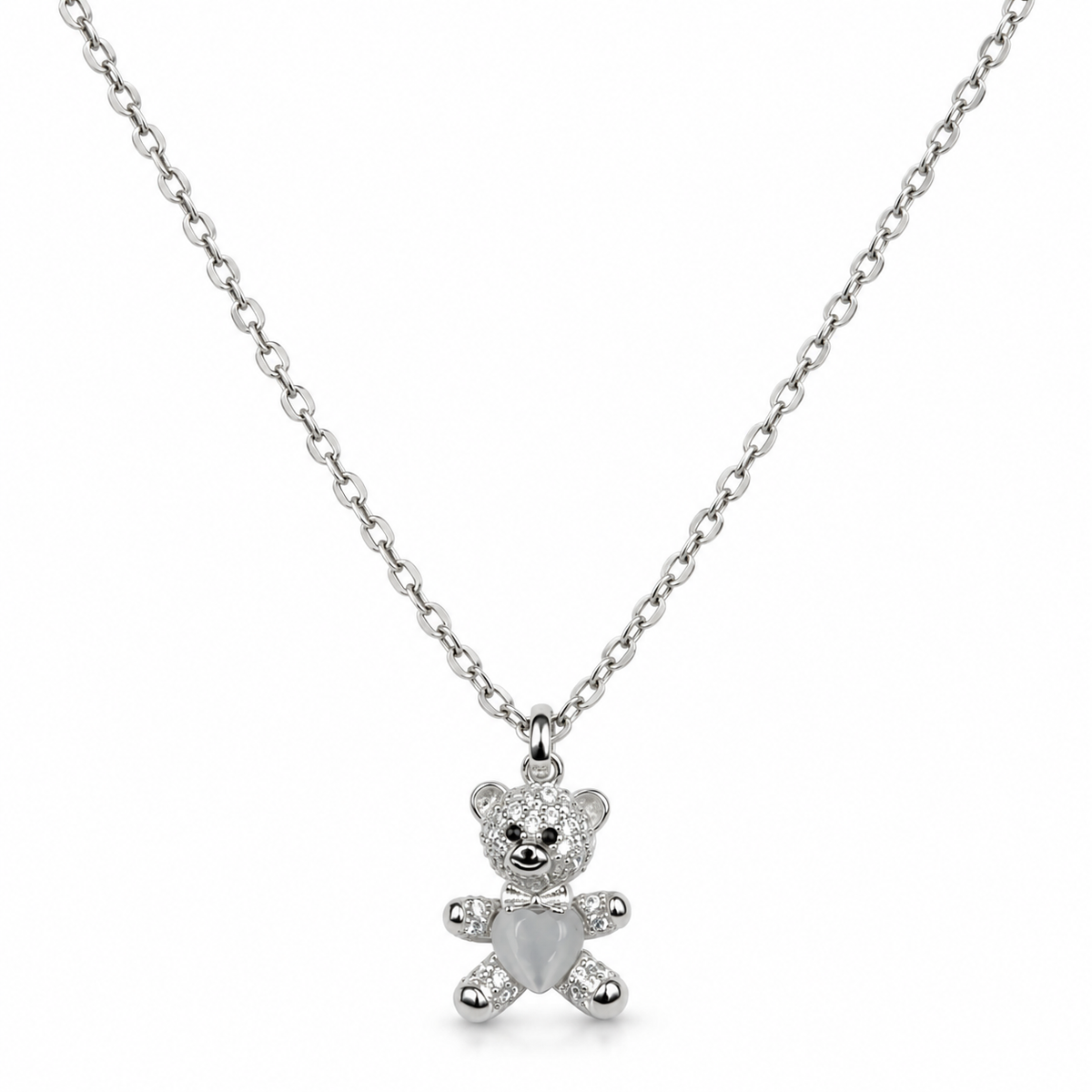 Silver Teddy Bear Heart Pendant Necklace