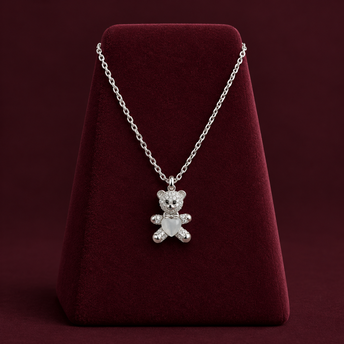 Silver Teddy Bear Heart Pendant Necklace