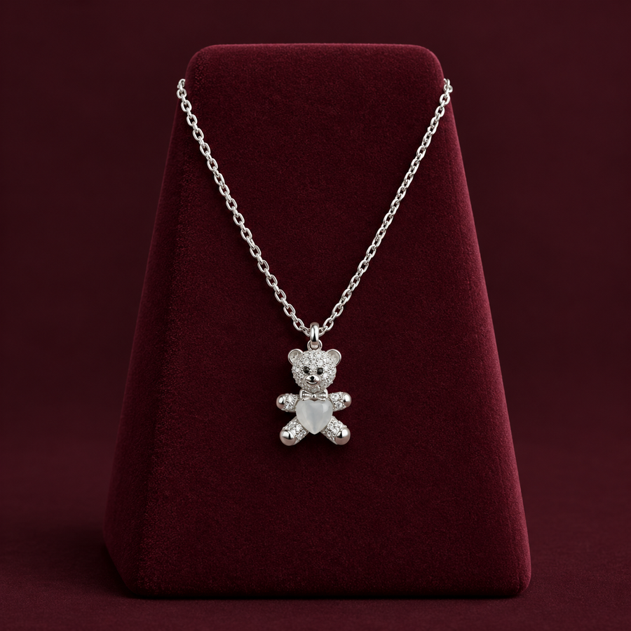 Silver Teddy Bear Heart Pendant Necklace