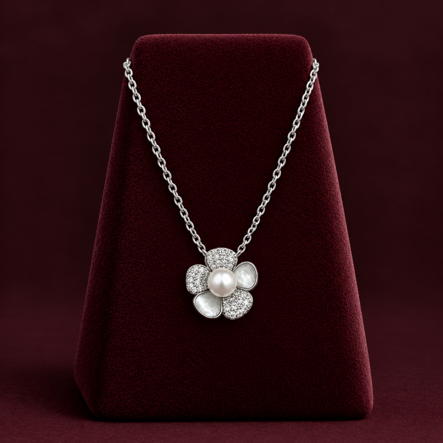 Pearl Flower CZ Pendant Necklace