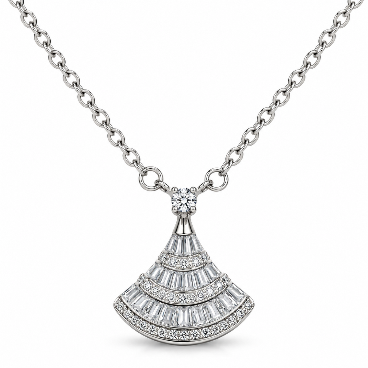 Elegant Baguette Crystal Fan Pendant Necklace