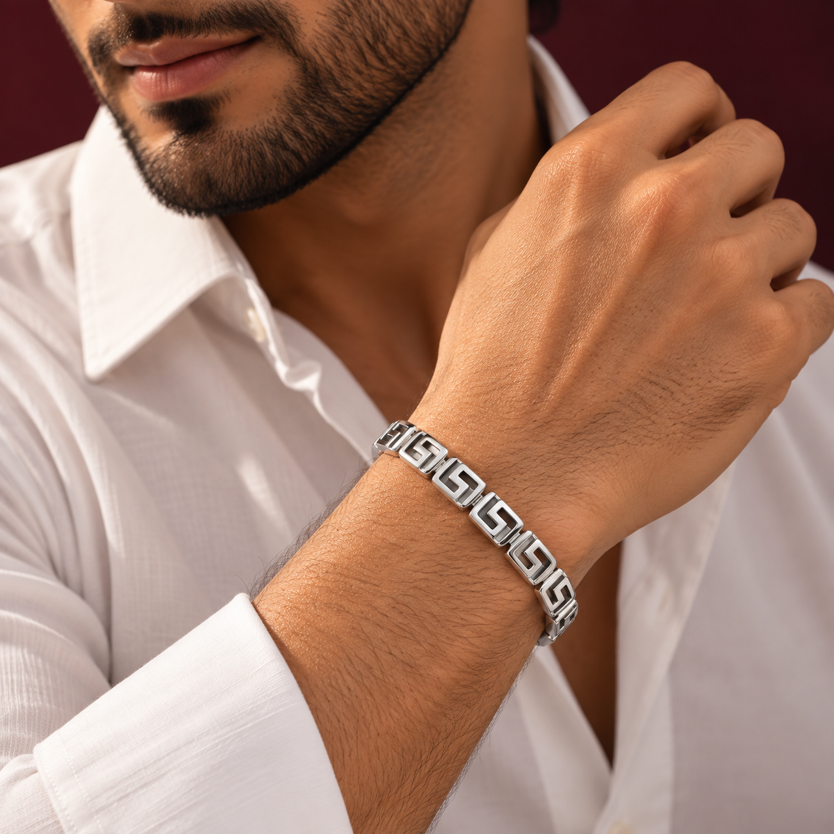 Greek Key Silver Link Bracelet