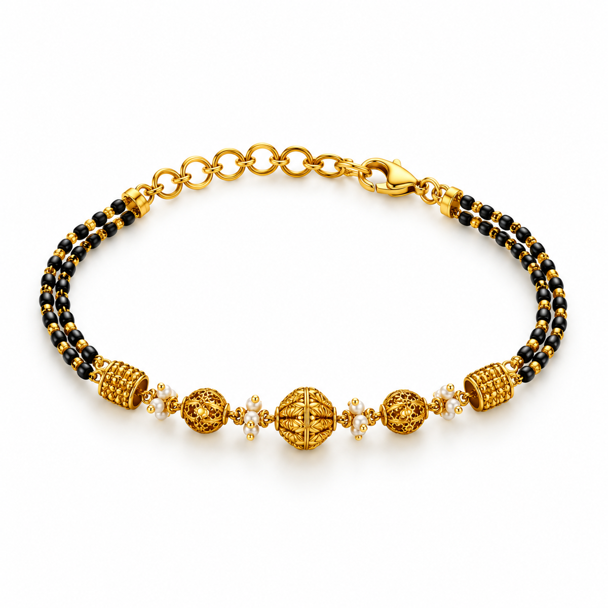 Pearl & Black Bead Gold-Plated Mangalsutra Bracelet