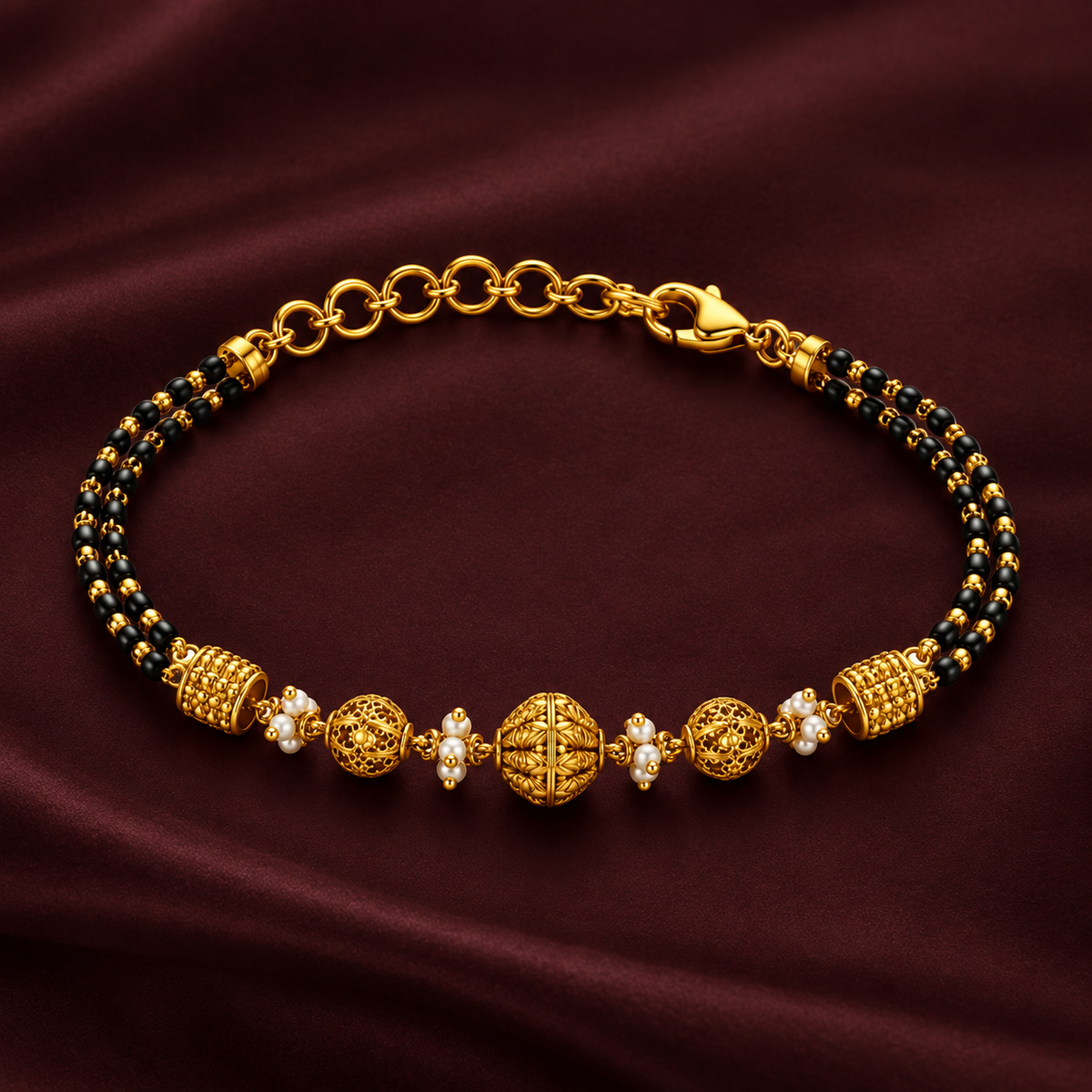 Pearl & Black Bead Gold-Plated Mangalsutra Bracelet