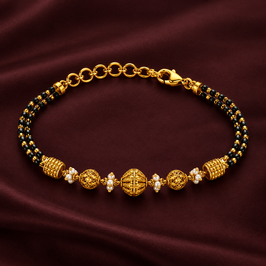 Pearl & Black Bead Gold-Plated Mangalsutra Bracelet