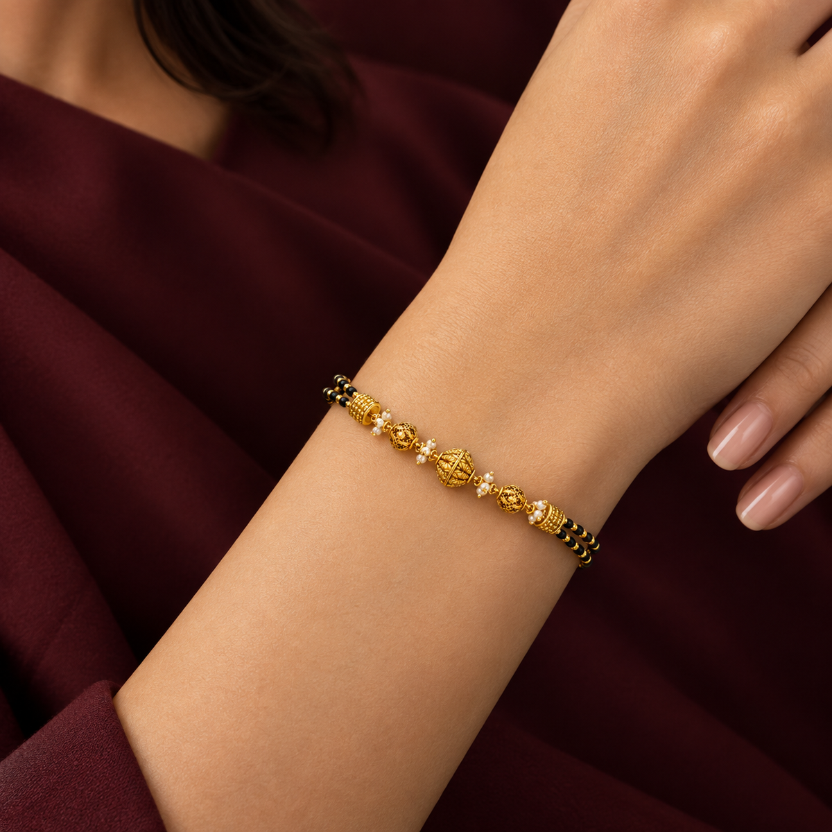 Pearl & Black Bead Gold-Plated Mangalsutra Bracelet