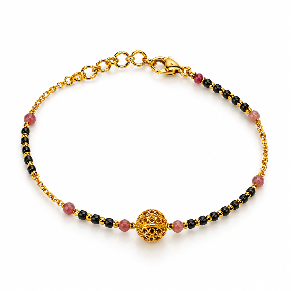 Black Bead & Pink Stone Gold-Tone Bracelet
