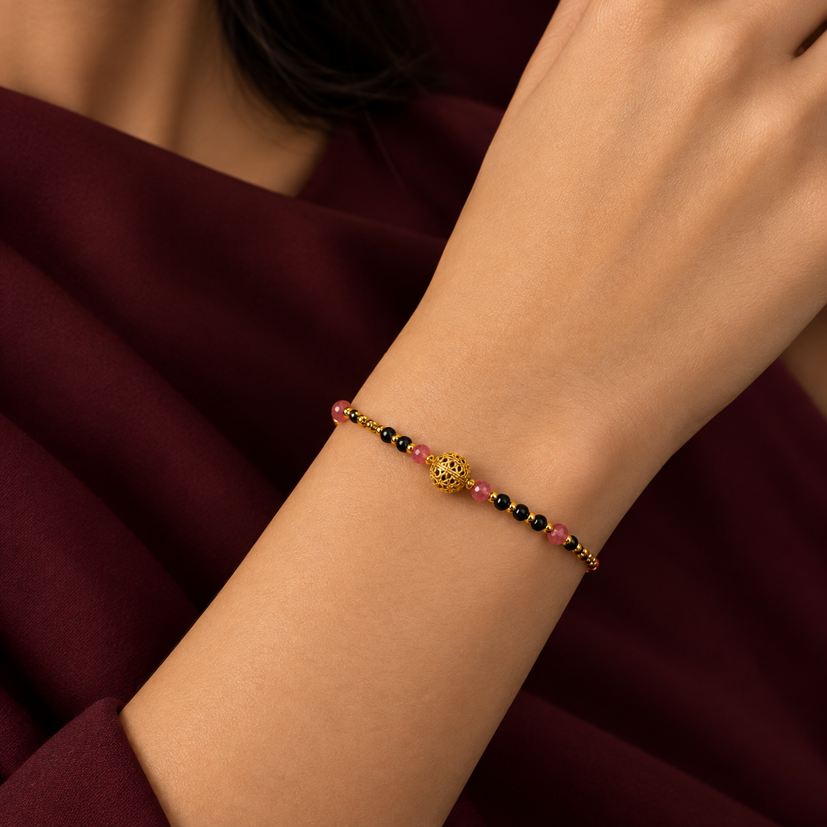 Black Bead & Pink Stone Gold-Tone Bracelet