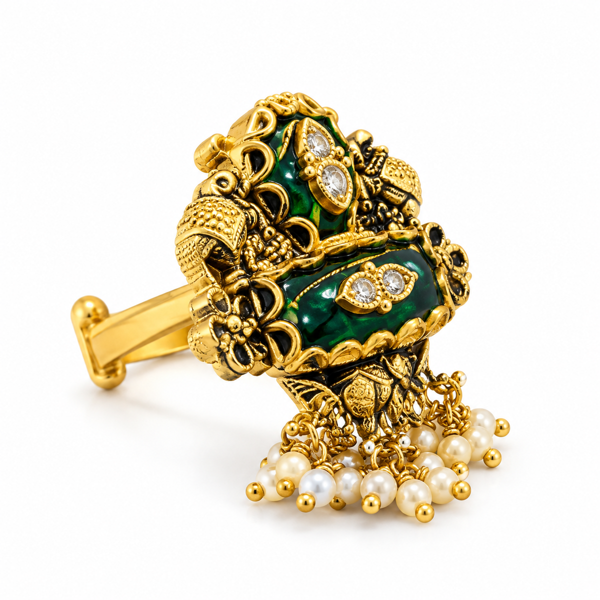 Traditional Gold-Tone Green Enamel Pearl Ring