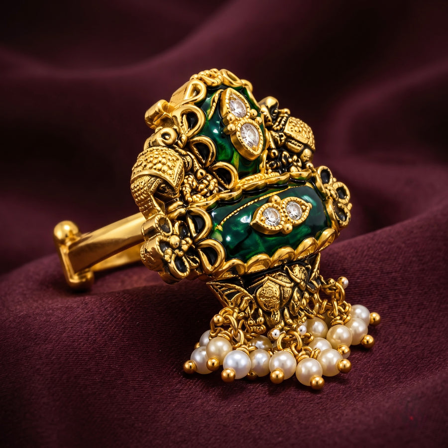 Traditional Gold-Tone Green Enamel Pearl Ring