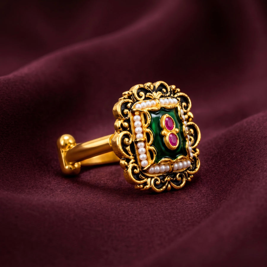 Traditional Gold-Tone Green Enamel Pearl Ring
