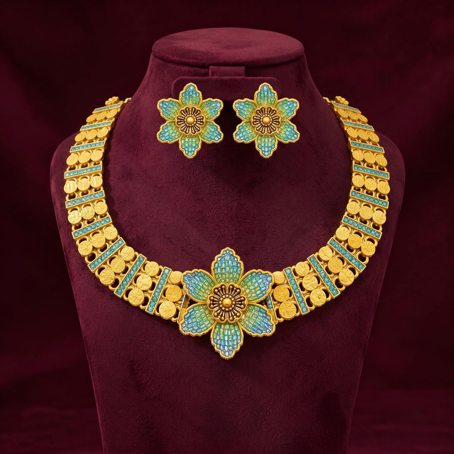 Gold-Tone Turquoise Floral Necklace & Earring Set