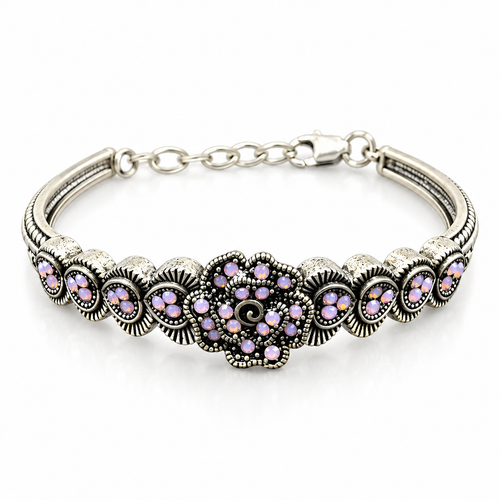 Antique Silver Floral Kada with Lavender Stones (Non 92.5 silver)