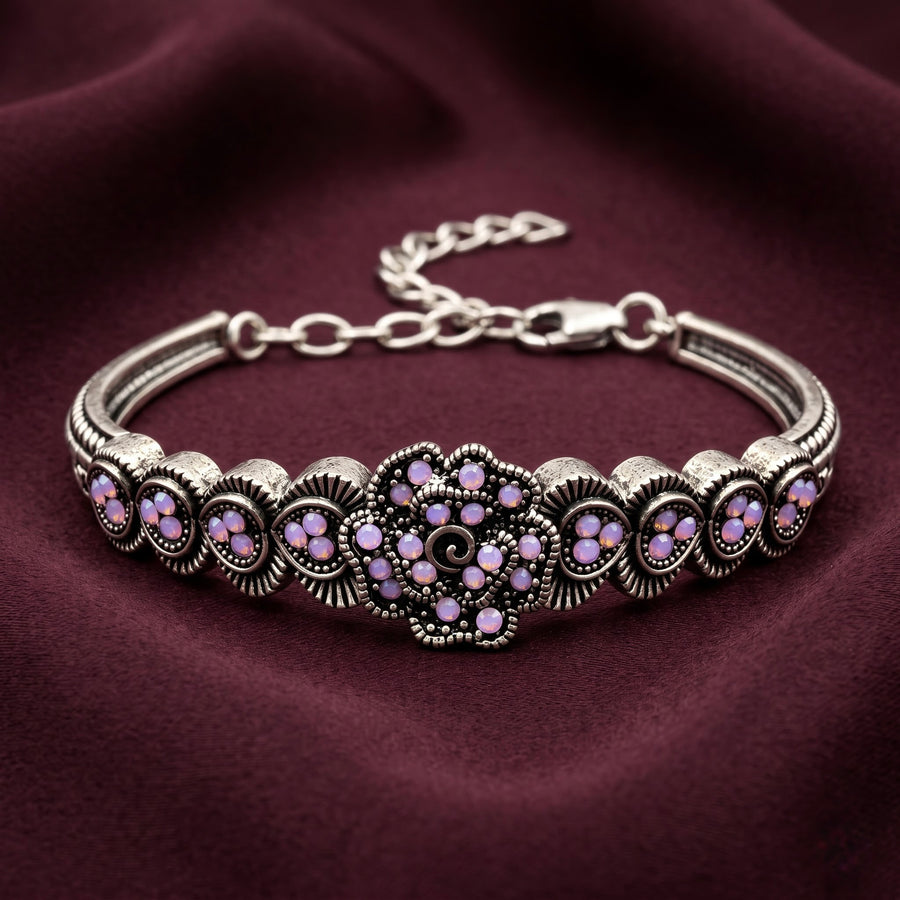 Antique Silver Floral Kada with Lavender Stones (Non 92.5 silver)