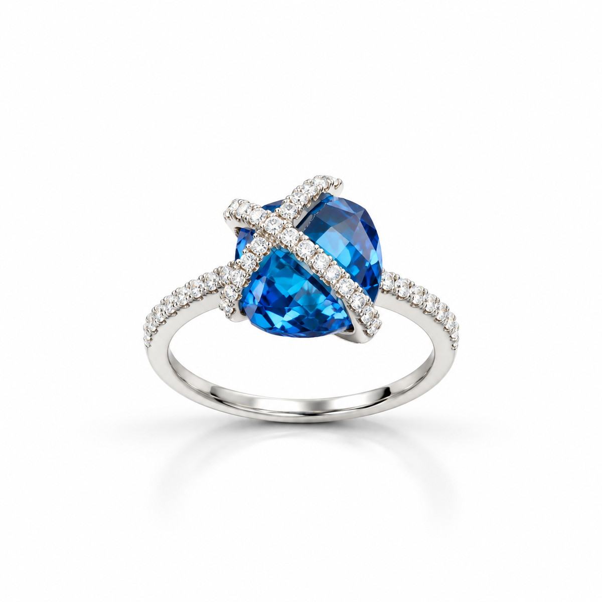 Blue Crystal Cross-Over Silver Ring