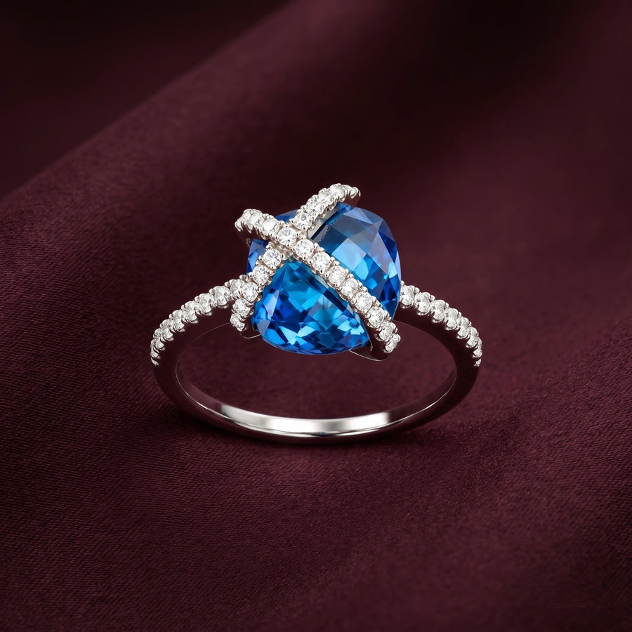 Blue Crystal Cross-Over Silver Ring