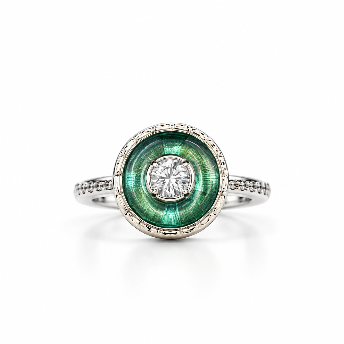 Emerald Green Halo Silver Ring