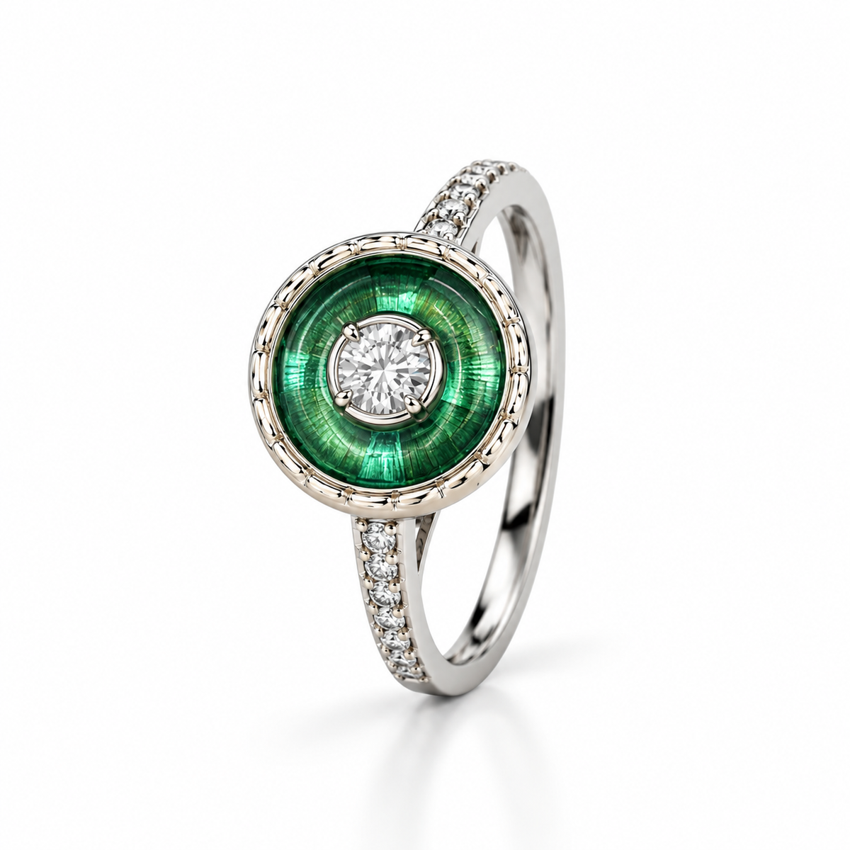 Emerald Green Halo Silver Ring