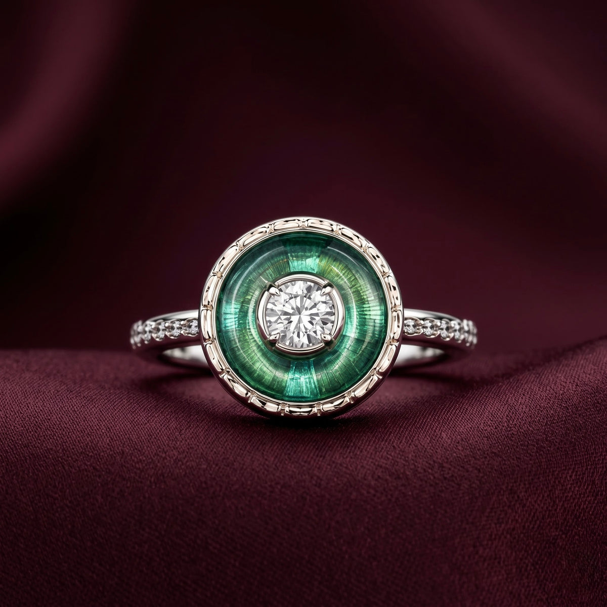 Emerald Green Halo Silver Ring