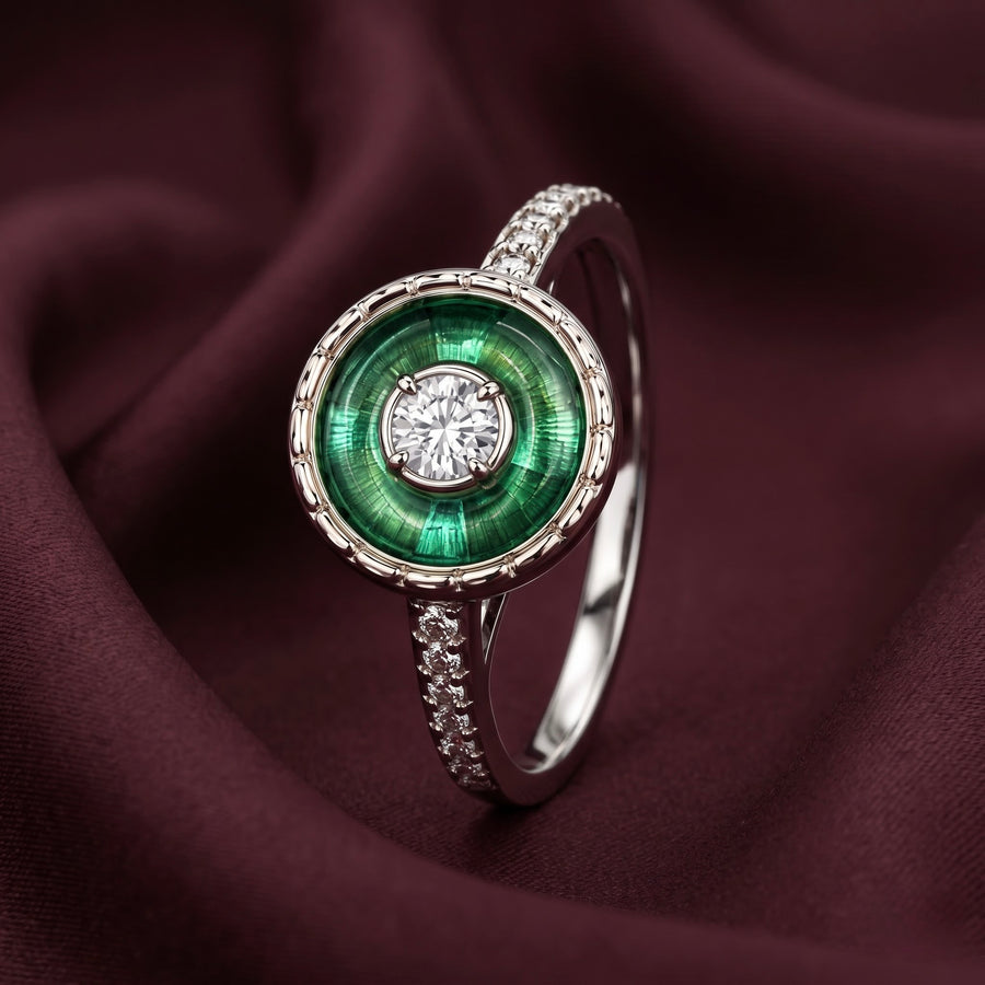 Emerald Green Halo Silver Ring