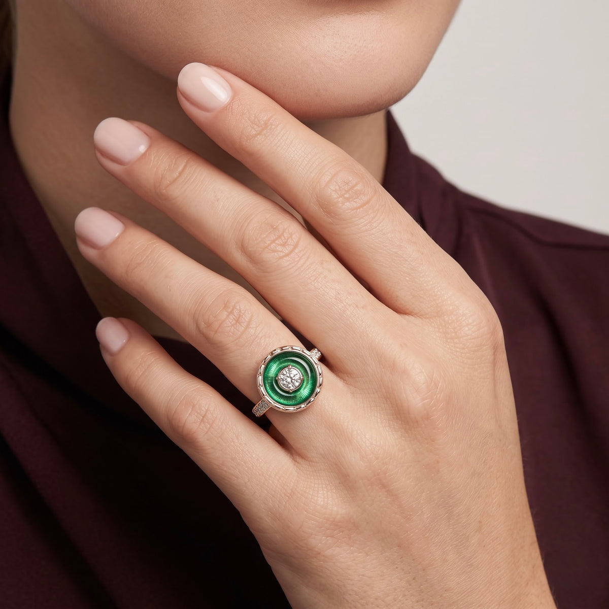 Emerald Green Halo Silver Ring