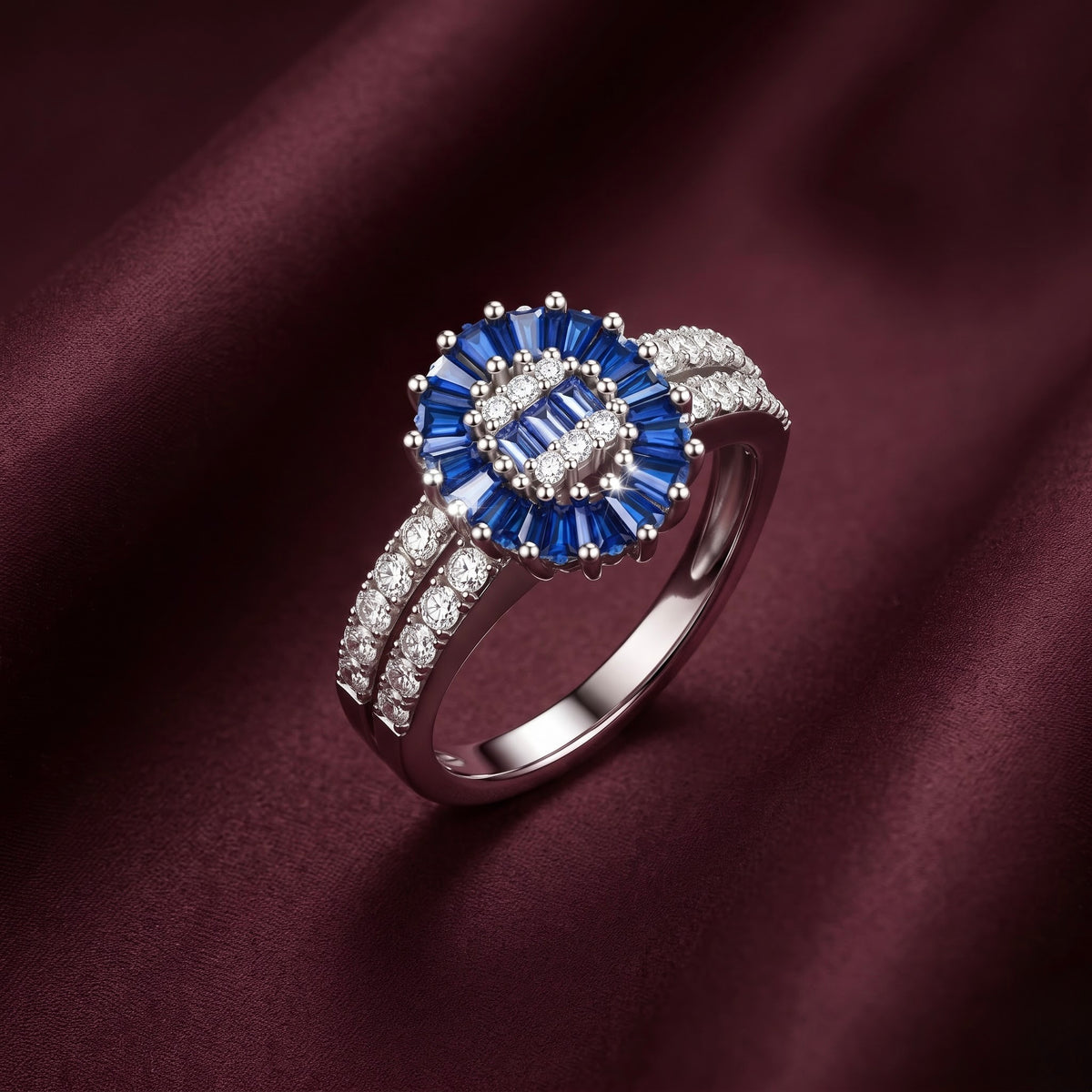 Blue Floral Halo Silver Ring