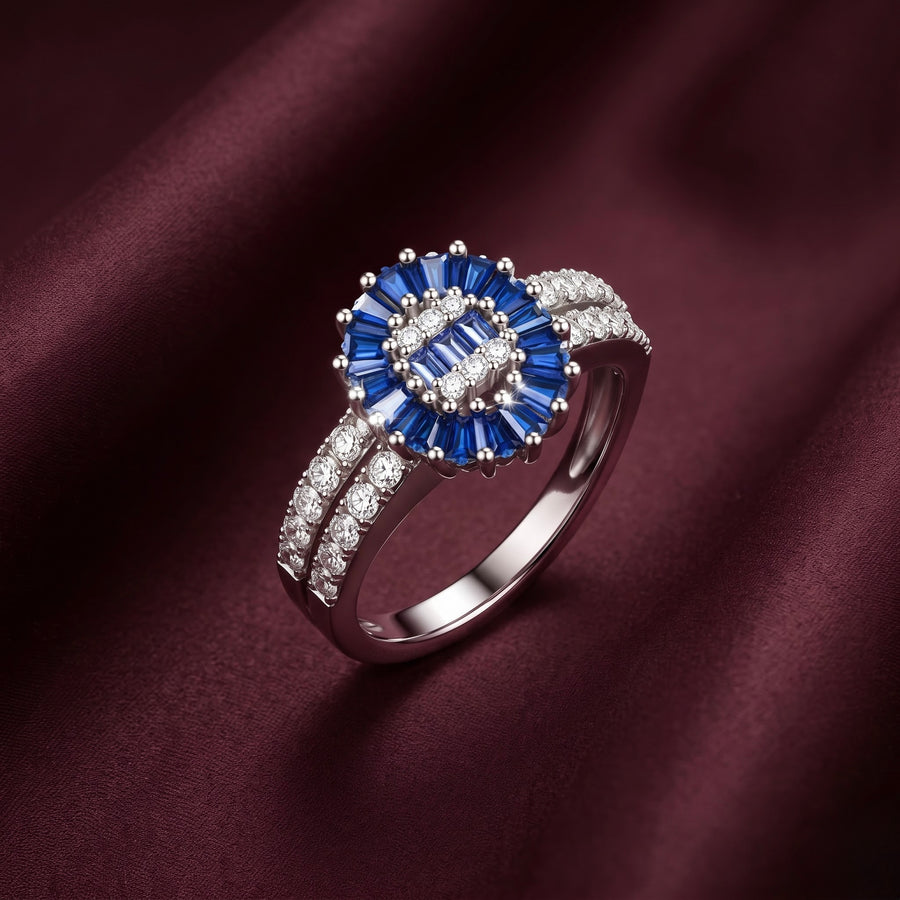 Blue Floral Halo Silver Ring