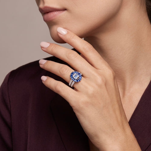 Blue Floral Halo Silver Ring