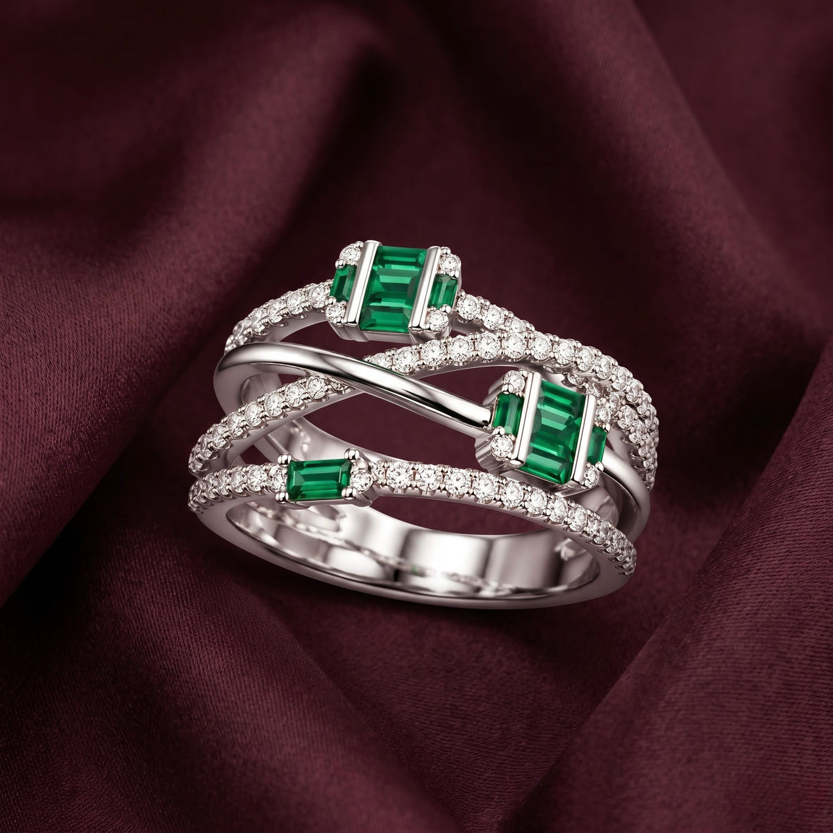 Emerald Crossover Silver Ring