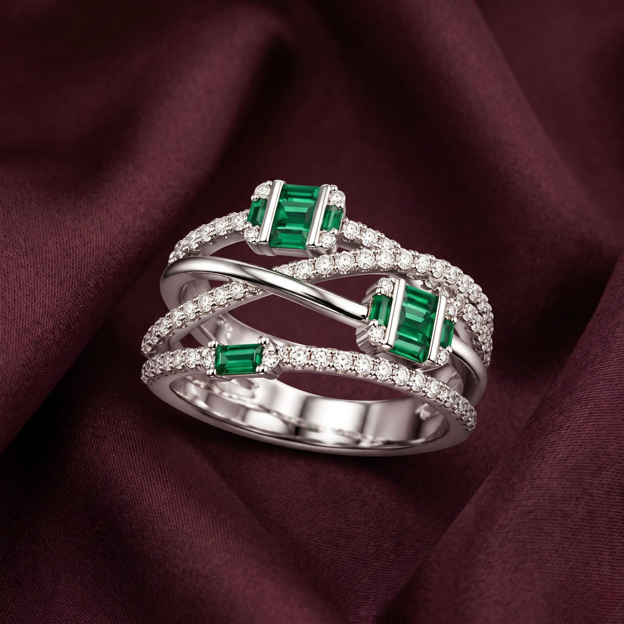 Emerald Crossover Silver Ring