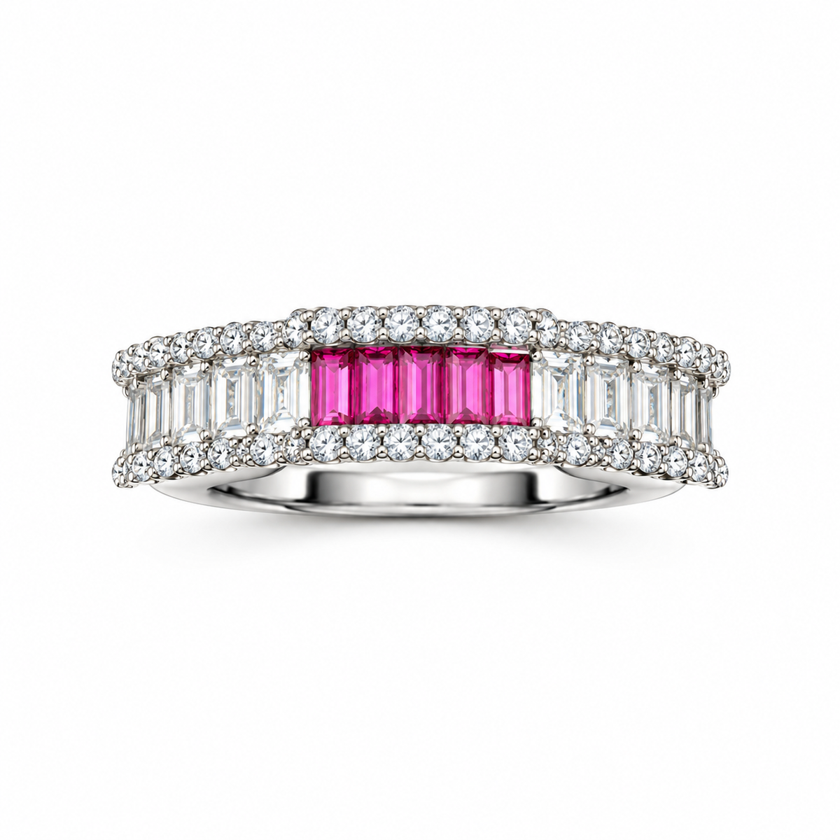 Pink & White Baguette Silver Band