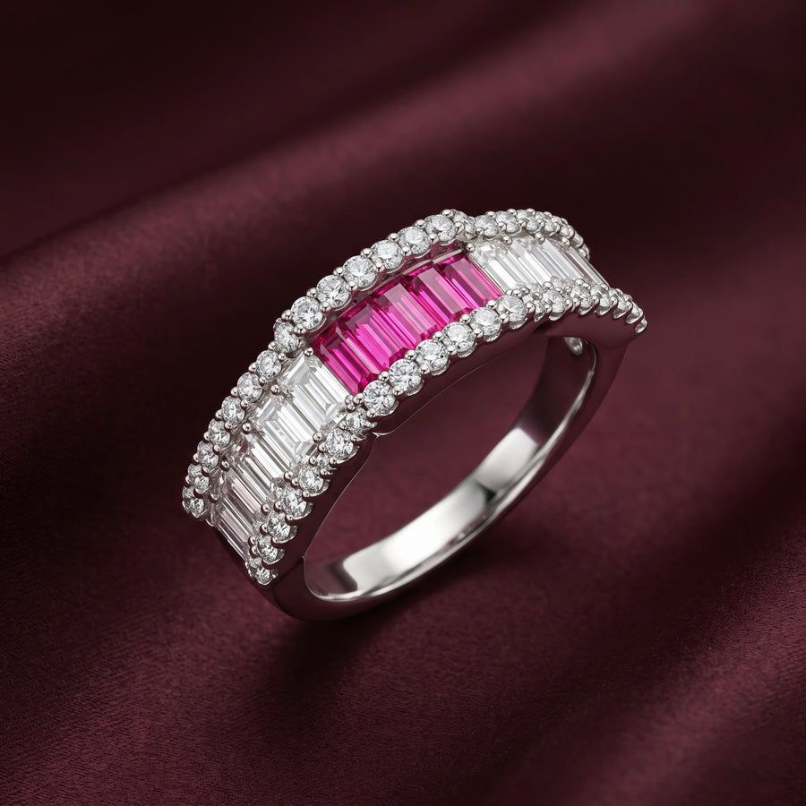 Pink & White Baguette Silver Band