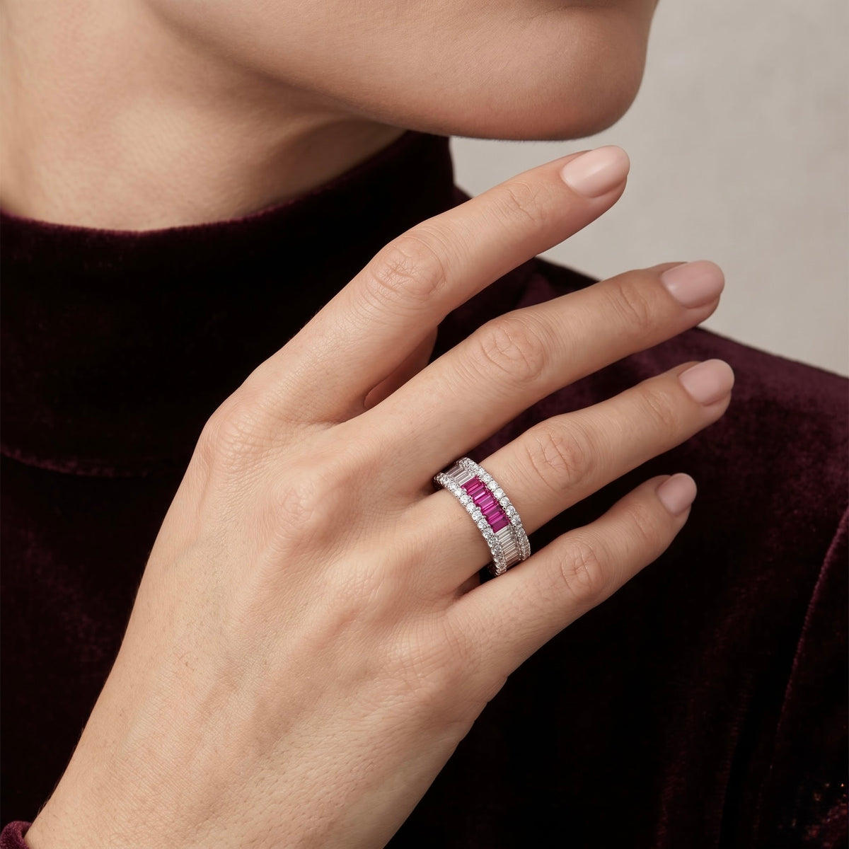 Pink & White Baguette Silver Band