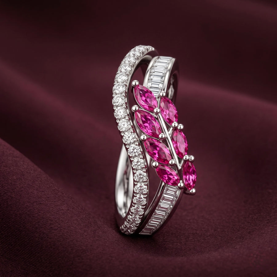 Pink Leaf Cluster Silver Ring