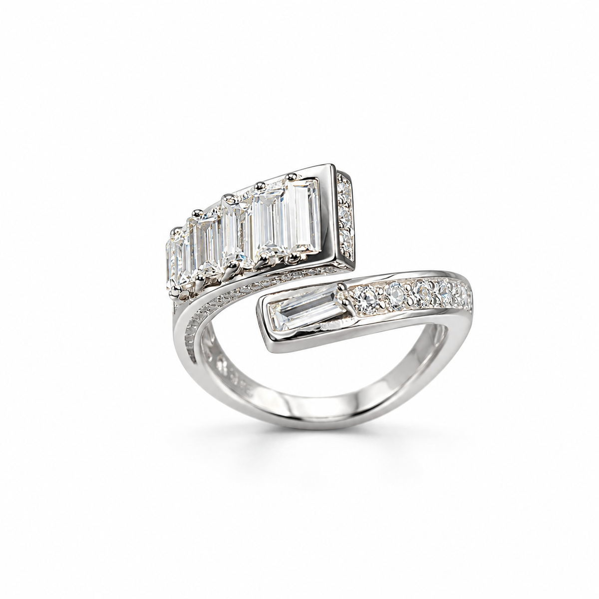 Baguette Cut Open Silver Ring