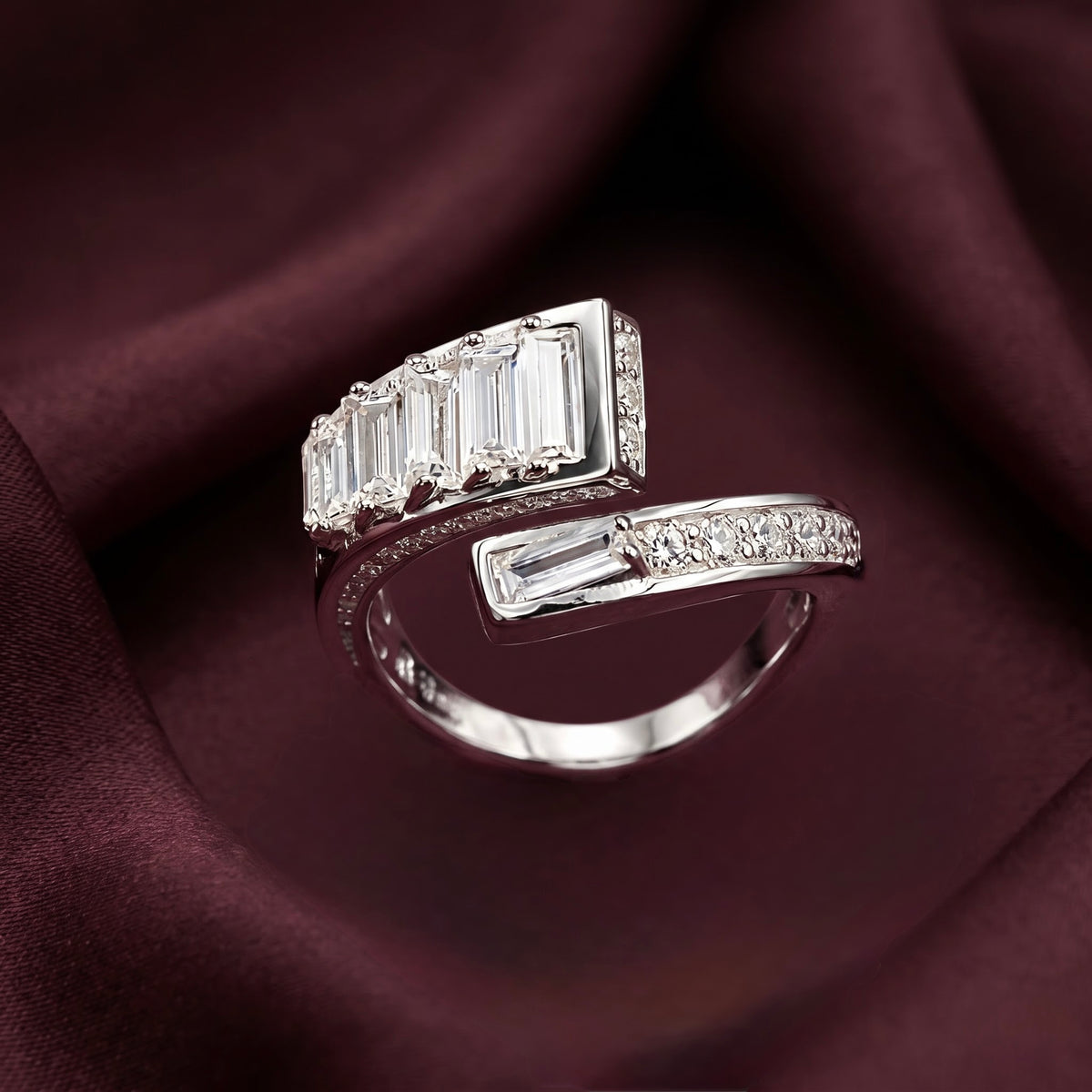 Baguette Cut Open Silver Ring