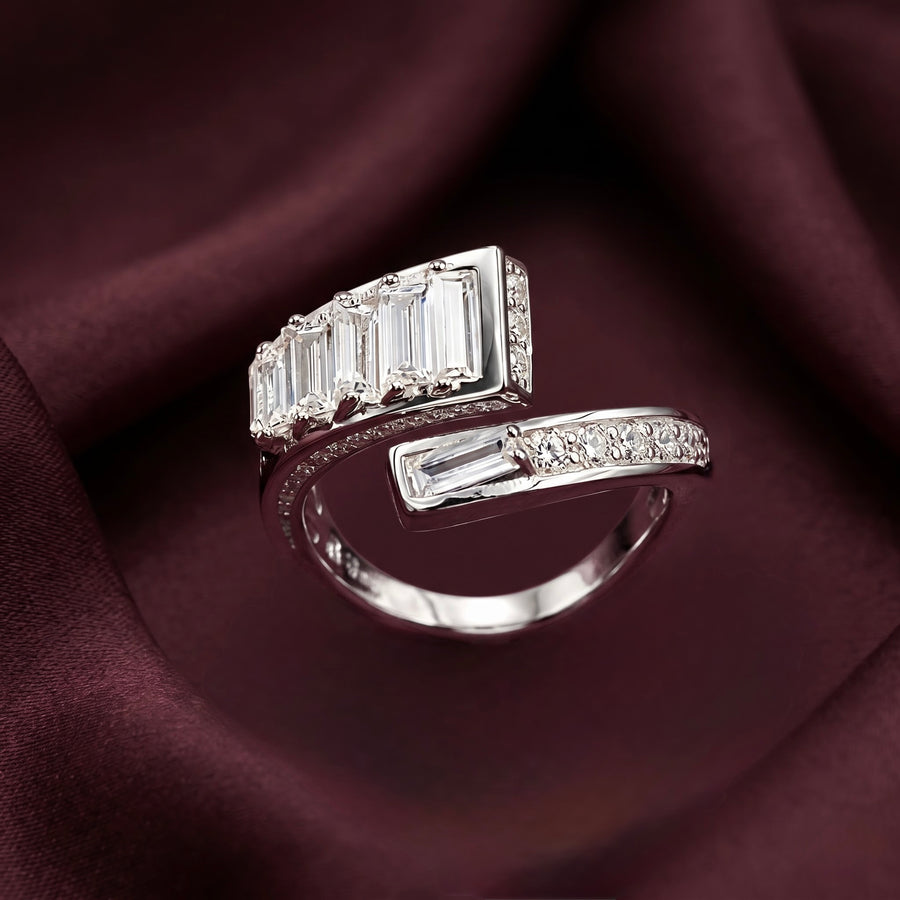 Baguette Cut Open Silver Ring