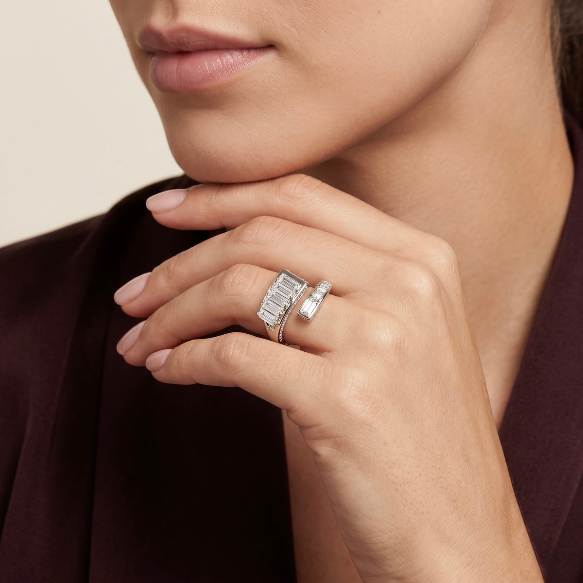 Baguette Cut Open Silver Ring
