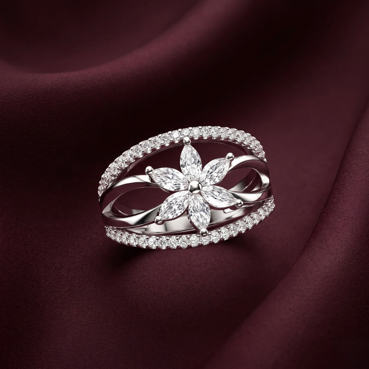 Floral CZ Silver Ring