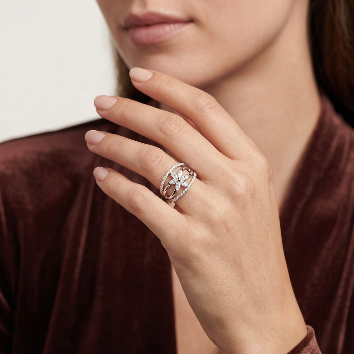 Floral CZ Silver Ring