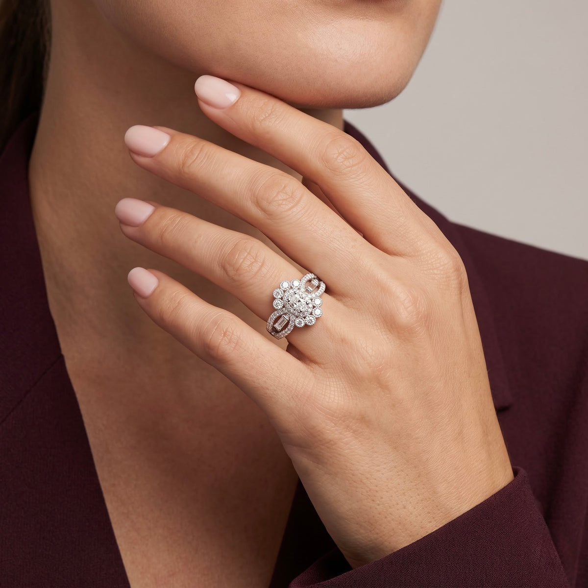 Vintage Floral Cluster Silver Ring