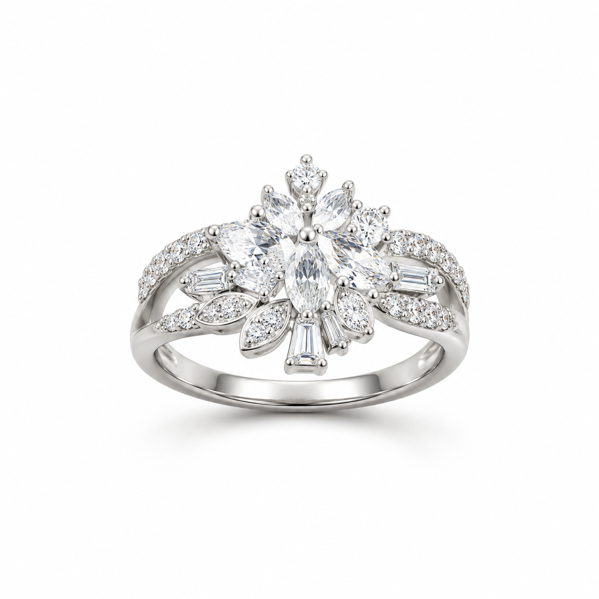 Floral Marquise CZ Silver Ring