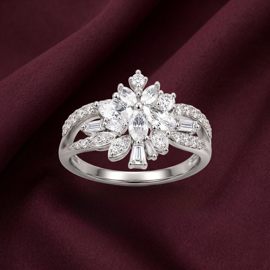 Floral Marquise CZ Silver Ring