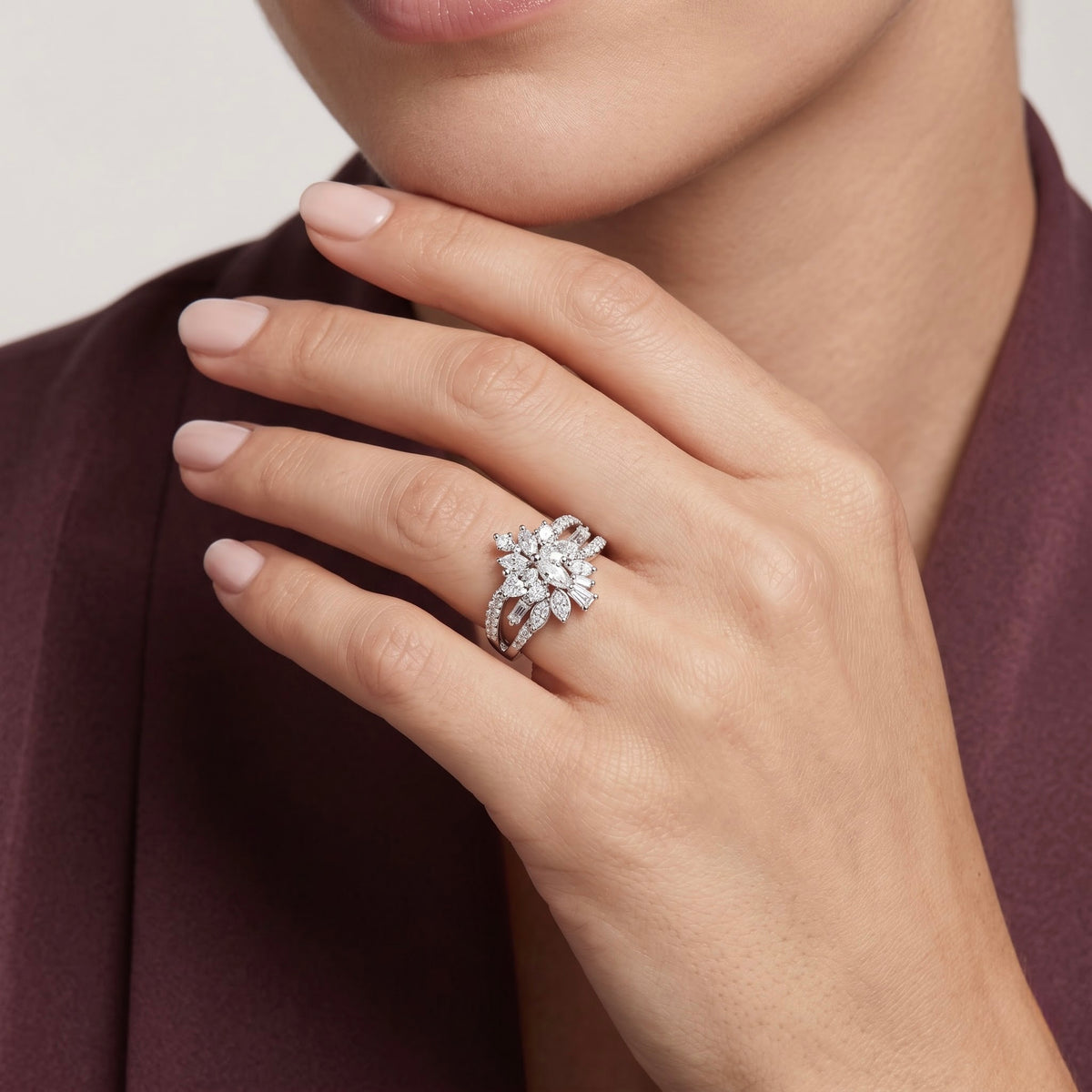 Floral Marquise CZ Silver Ring
