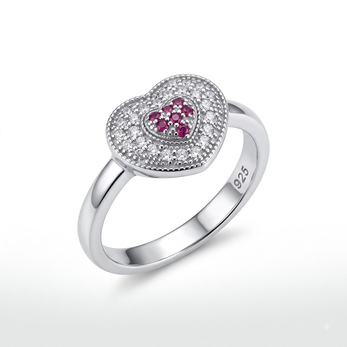 Heart Ruby Halo Silver Ring