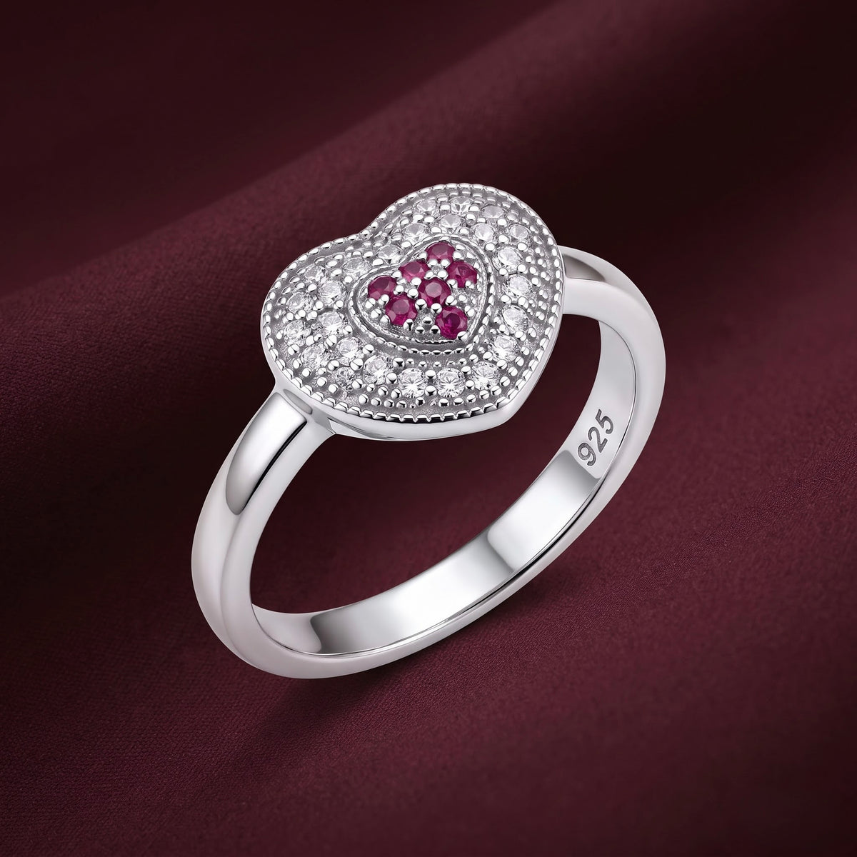 Heart Ruby Halo Silver Ring